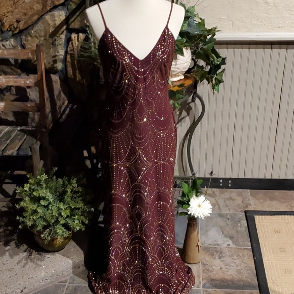 B&A Elegant Burgundy Sequin Burgundy Prom Dress